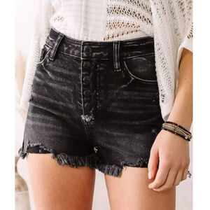 KanCan 25 Jean Shorts Distressed Ultra High Rise Black Acid Wash Frayed Ripped